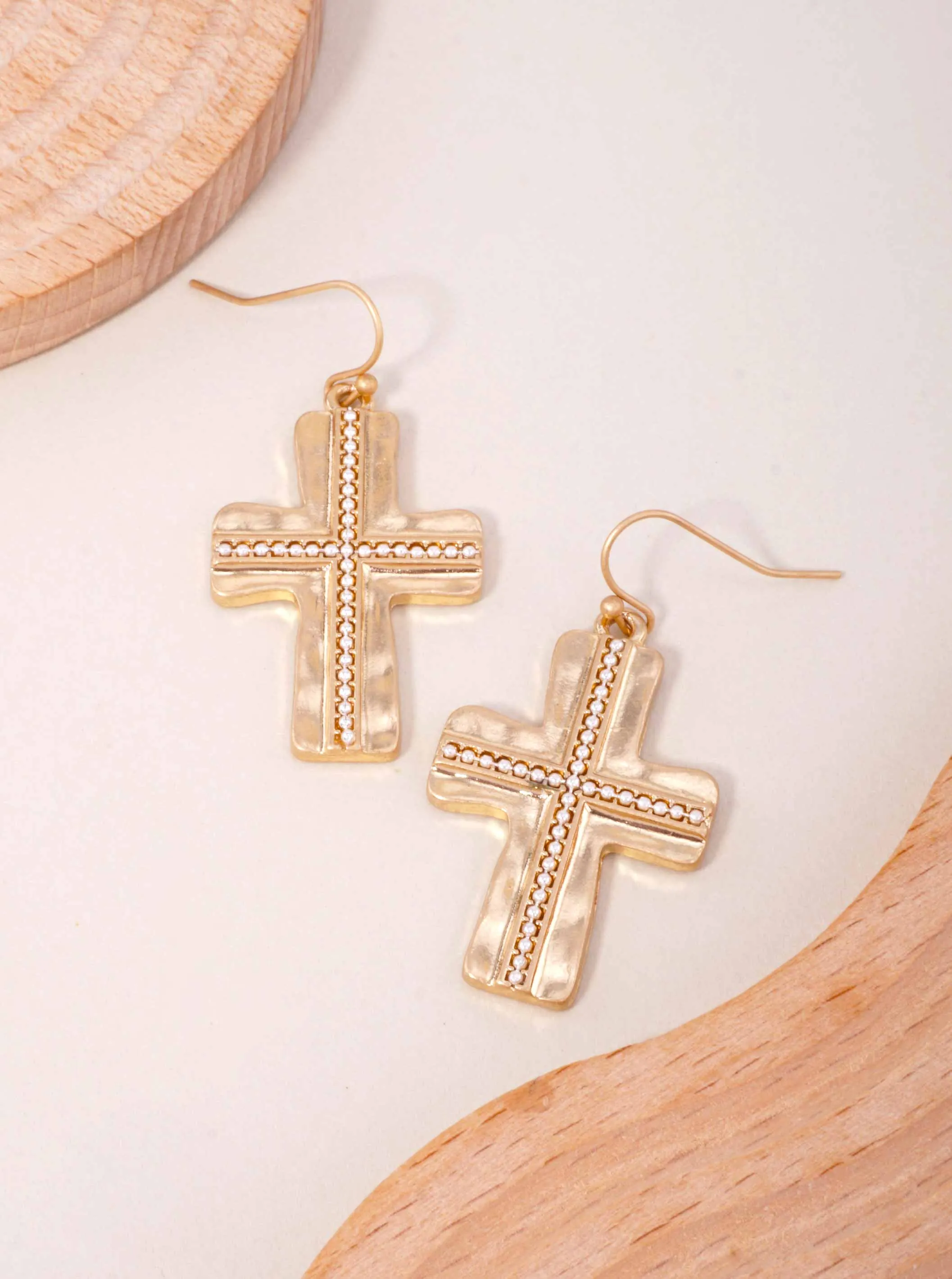 Worn Gold Worn Silver Matte Hammered Beaded Cross Drop Hook Earrings
