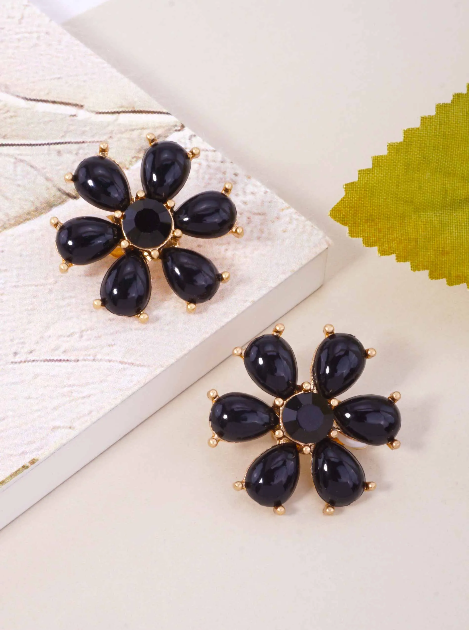Worn Gold Black Pearlized Resin Rhinestone Flower Clip-On Earrings