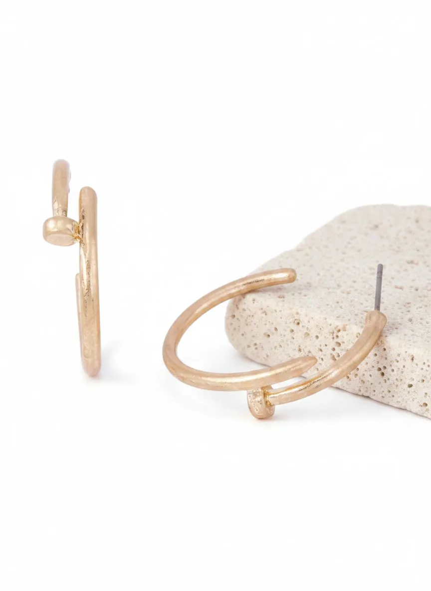 Worn Gold 25mm Matte Nail Hoop Post Back Earrings