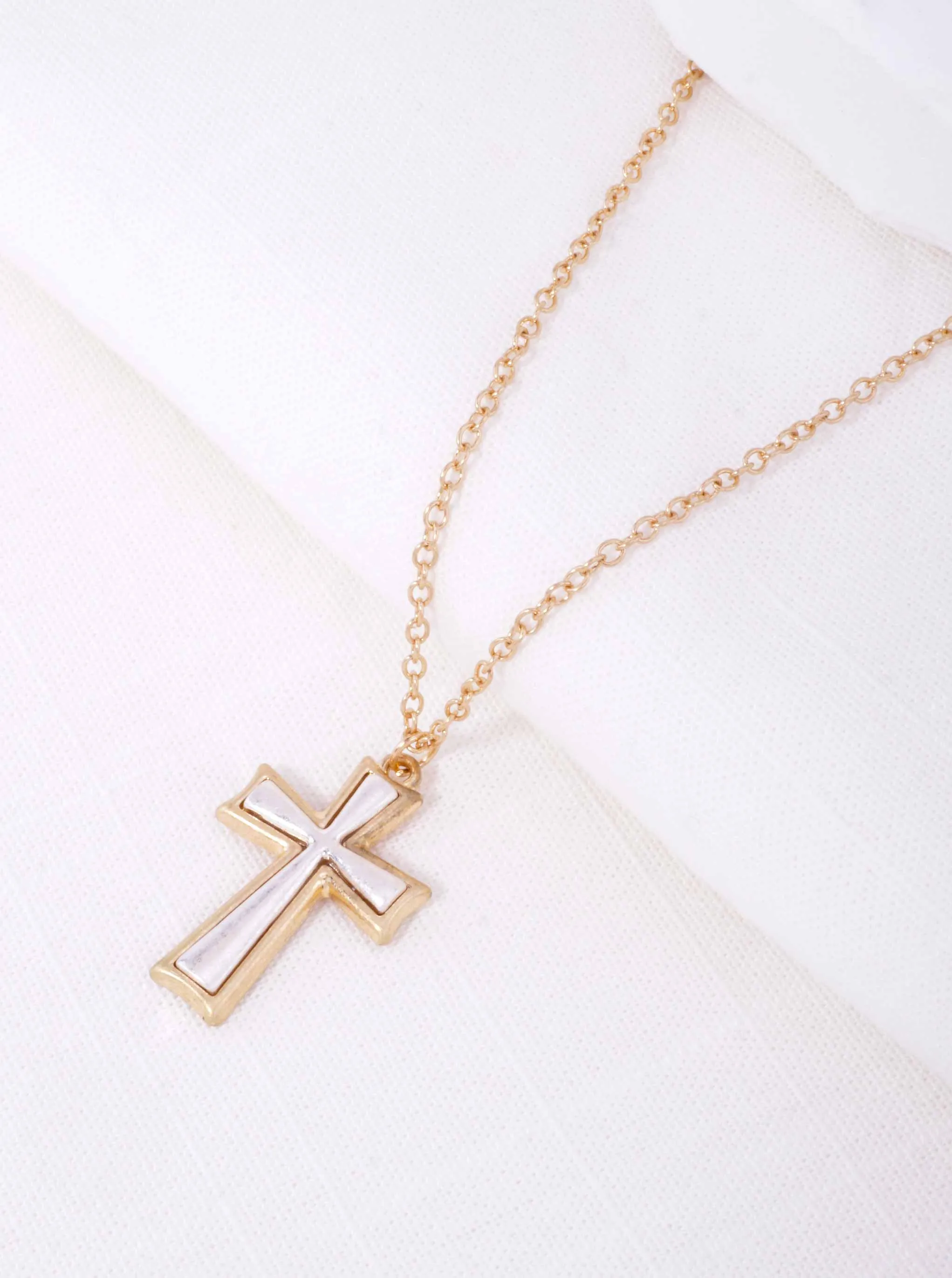 Worn Gold Worn Silver Two-Tone Matte Cross Pendant Matinee Necklace