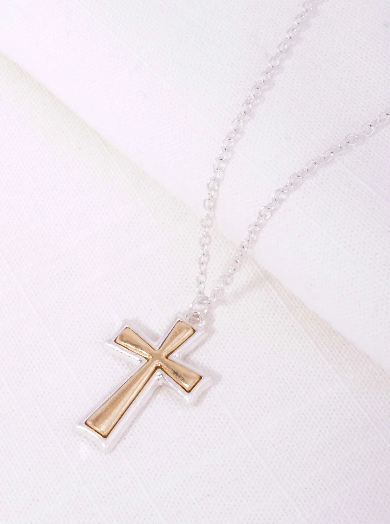 Worn Silver-Worn Gold Two-Tone Matte Cross Pendant Matinee Necklace