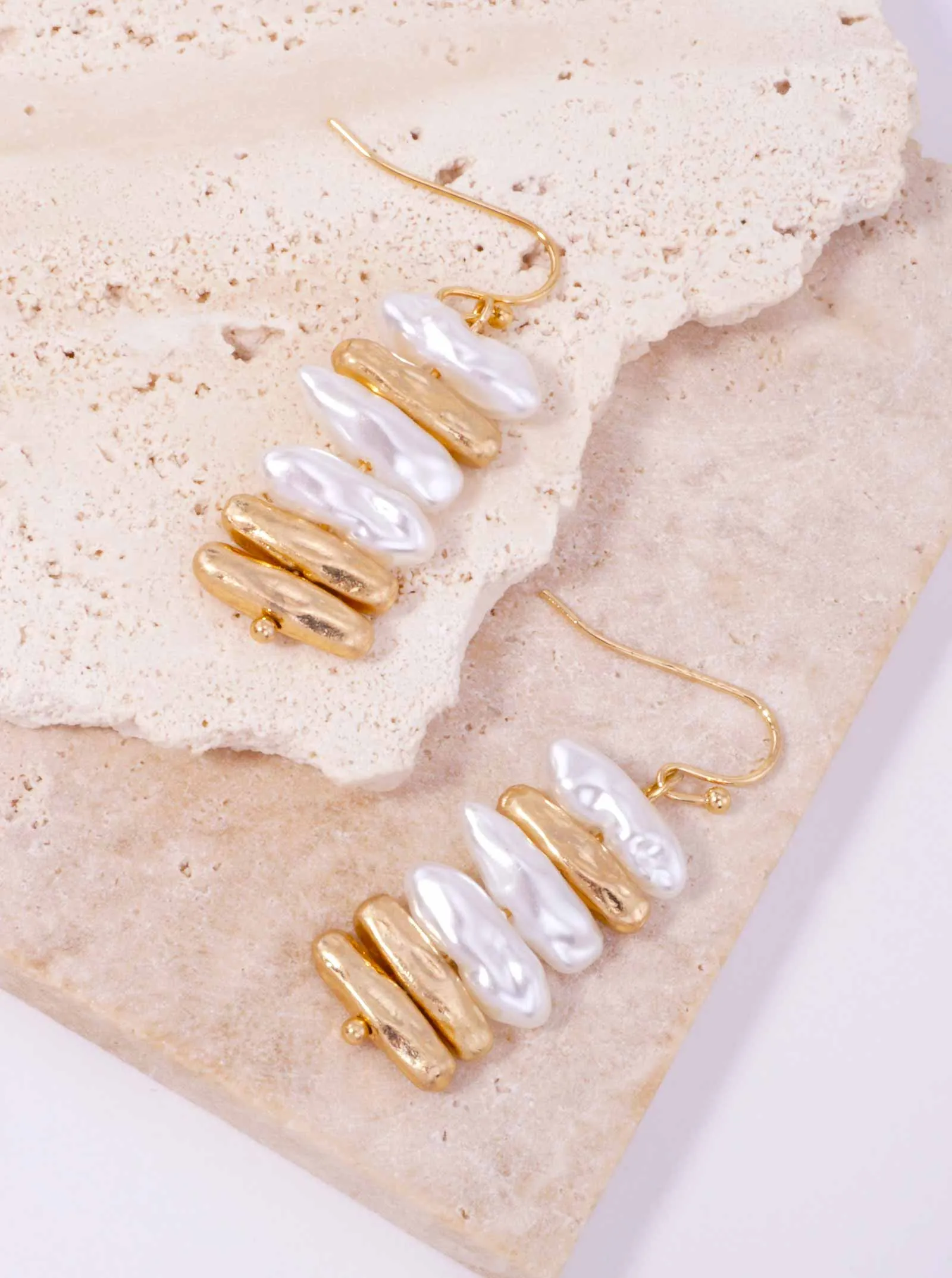 Worn Gold Pearl Pearl Irregular Hammered Bar Drop Hook Earrings