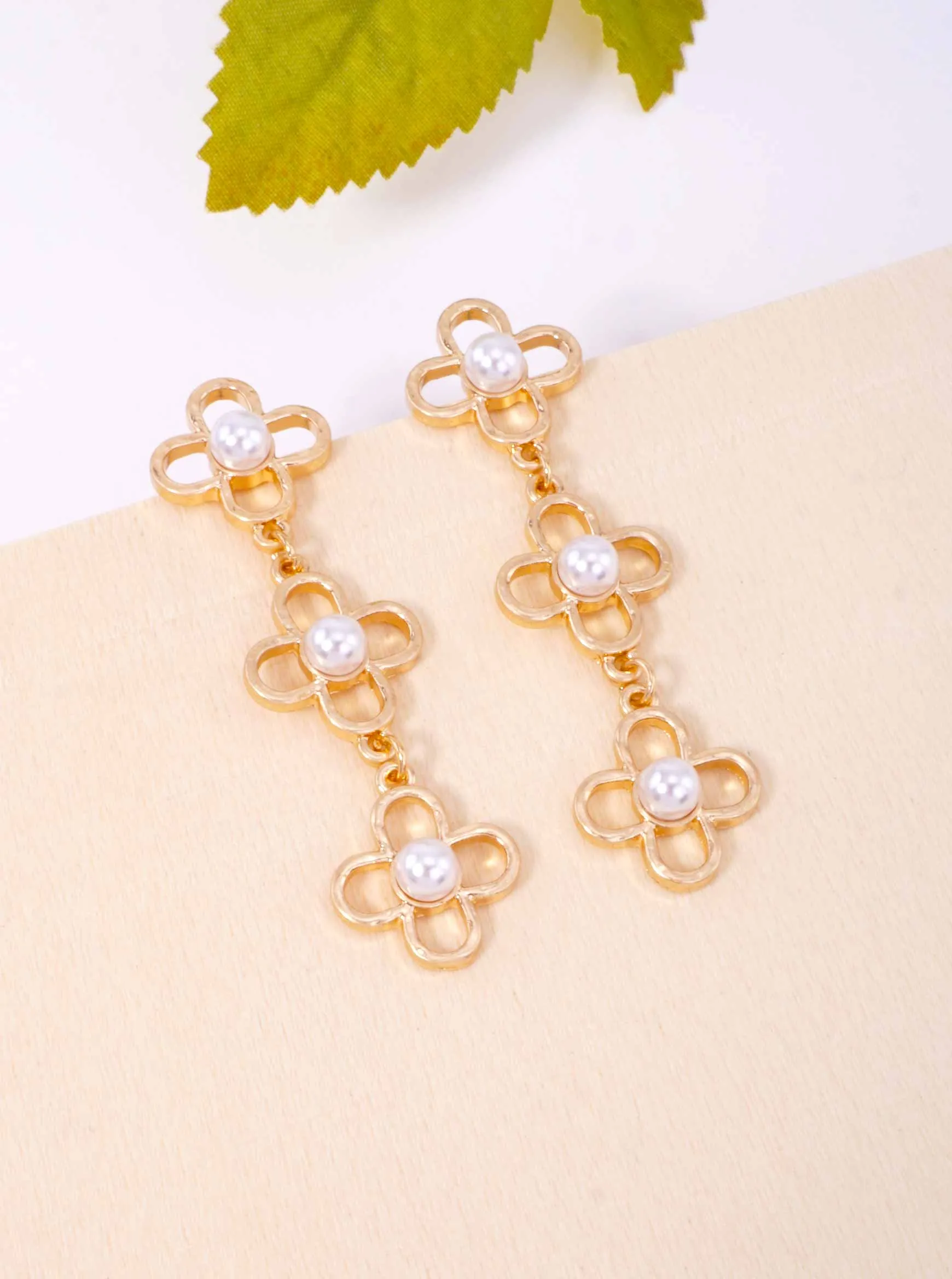 Pearl Flower Triple Drop Matte Post Back Earrings