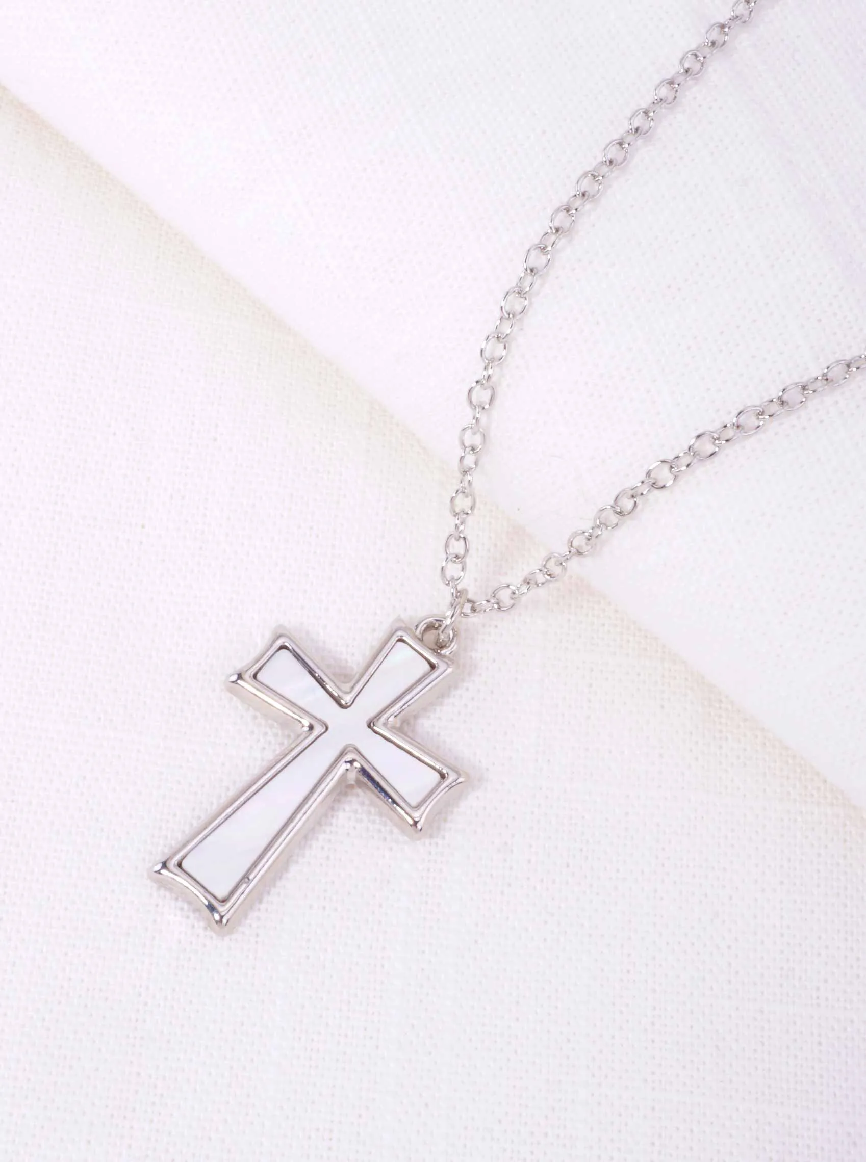 Rhodium Pearl Elegant Cross Matinee Pendant Necklace