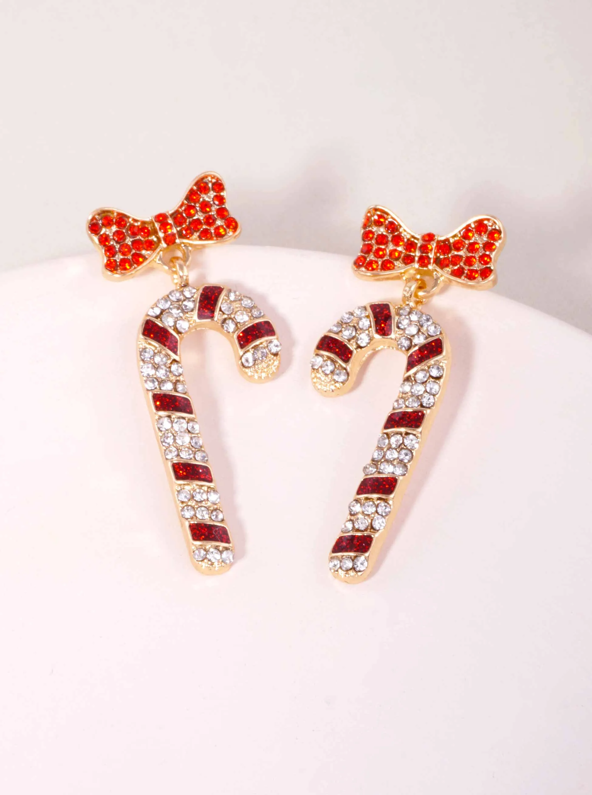 Rhinestone Candy Cane Pave Bow Post Drop Earrings