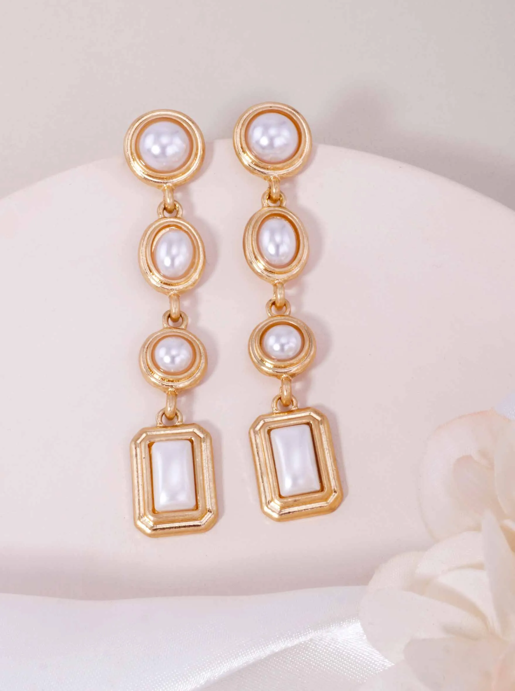 Pearl Round Oval Rectangle Worn Post Drop Earrings